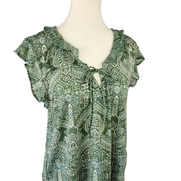 Lucky Brand Tops - Lucky Brand Green Geometric Tribal Aztec Blouse Ruffle Sleeve V Neck Large